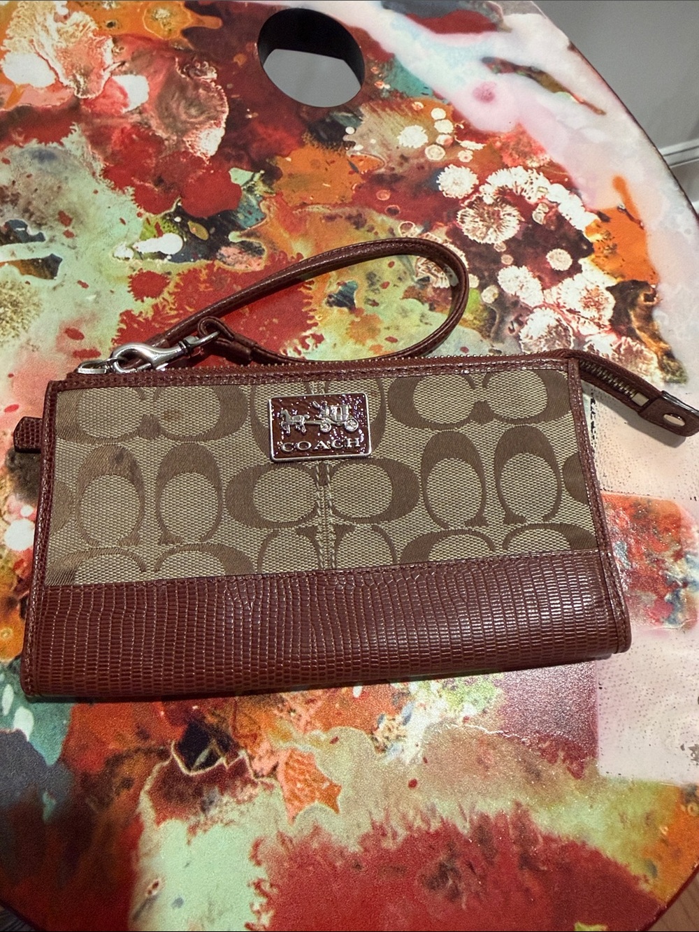 Coach Brown Signature Canvas Wristlet with Leather Trim
